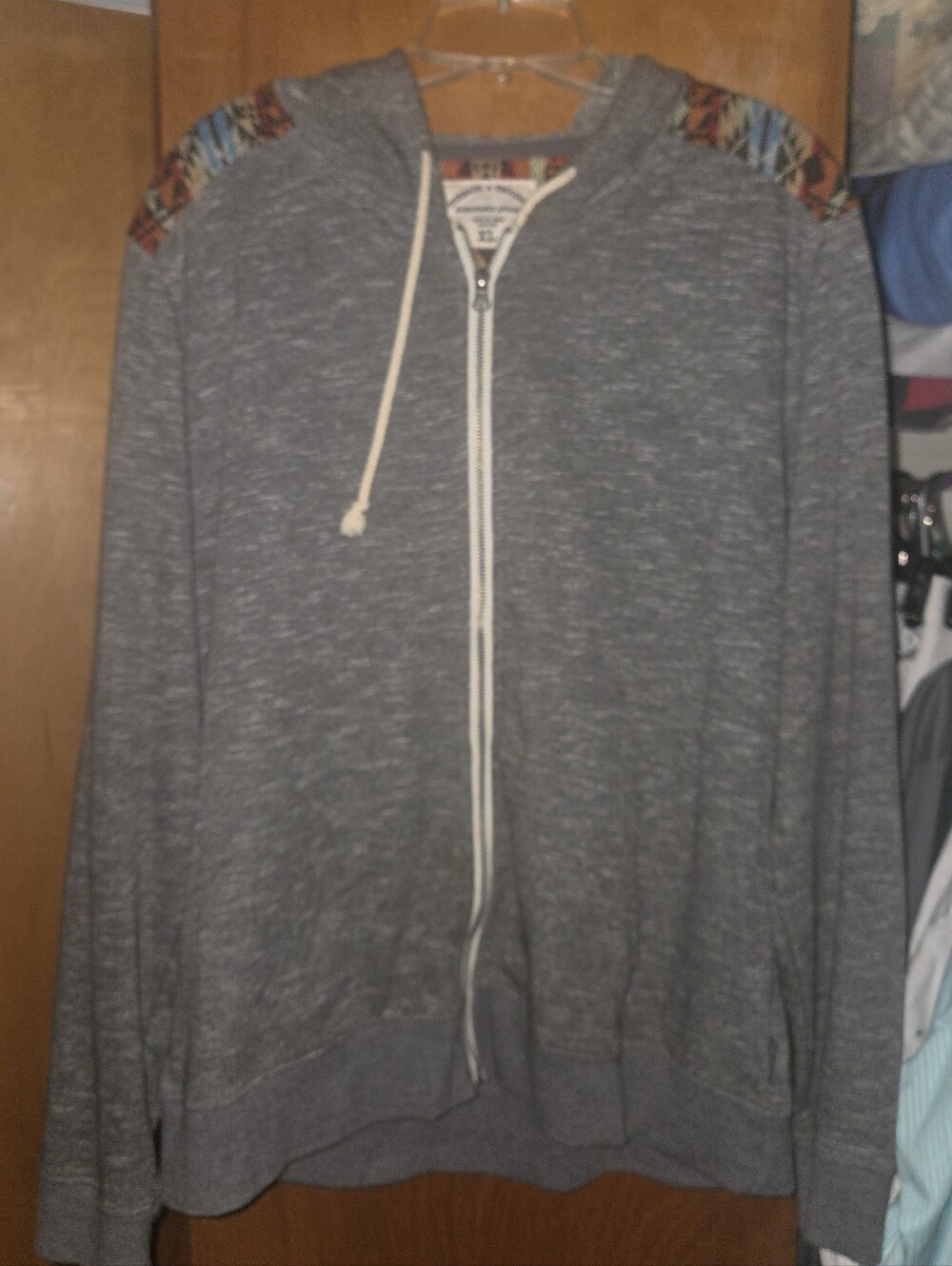 Threads 4 Thought Men's Heather Gray Zip Hoodie with Patterned Shoulder Trim